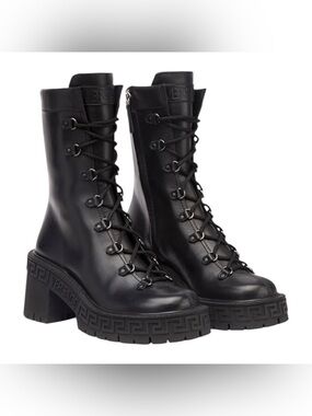 Versace Black Leather Lace-Up Platform Combat Boots with Embossed Greek Key Sole